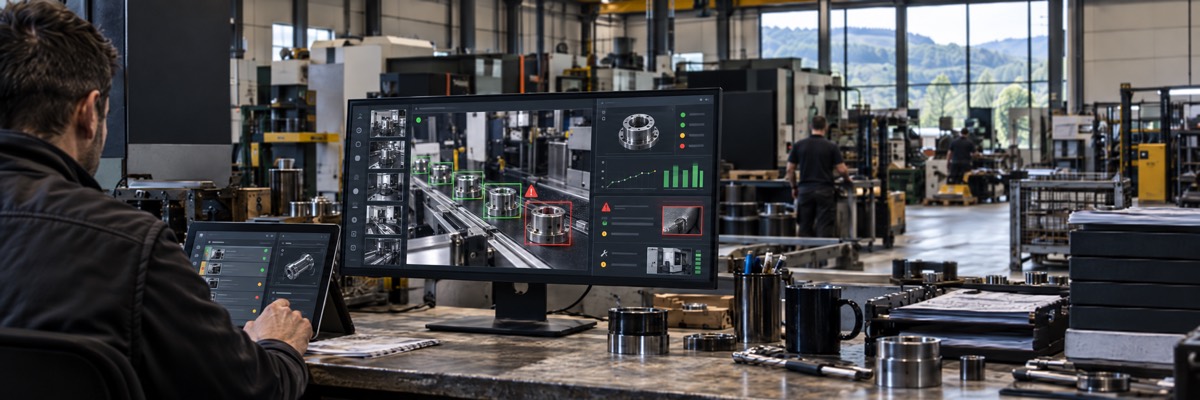 Un taller con una pantalla que enseña la producción pieza a pieza, y un operario mirándola