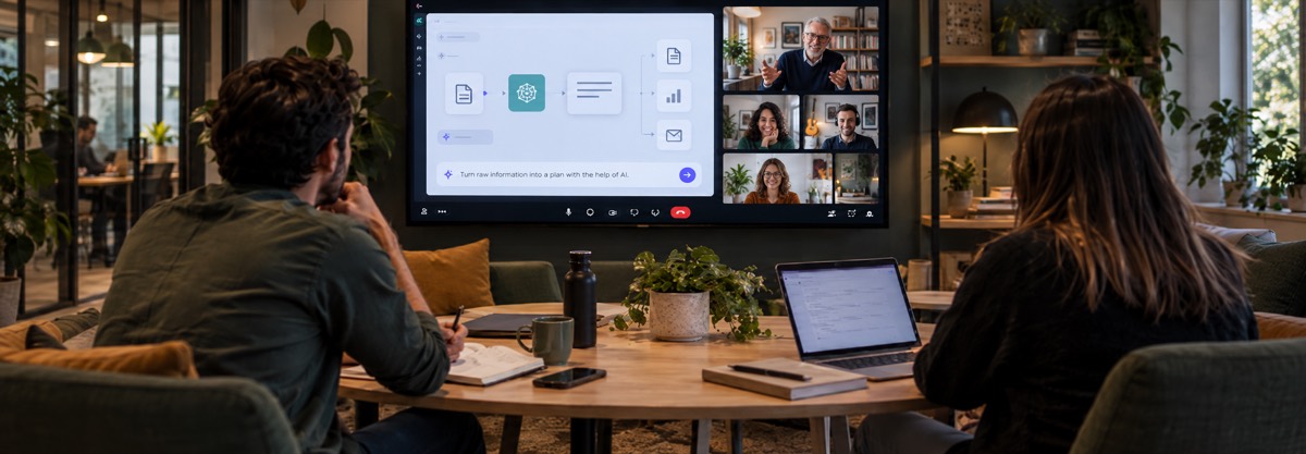 Dos personas en una sala viendo una videollamada de formación en la pantalla grande