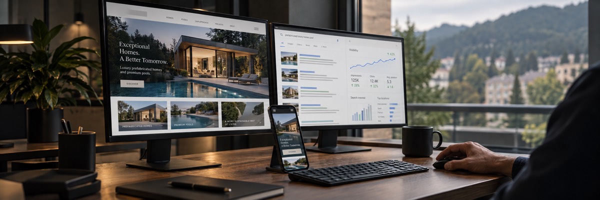 Una web abierta en dos monitores y un móvil sobre una mesa de despacho, con su panel de visitas al lado