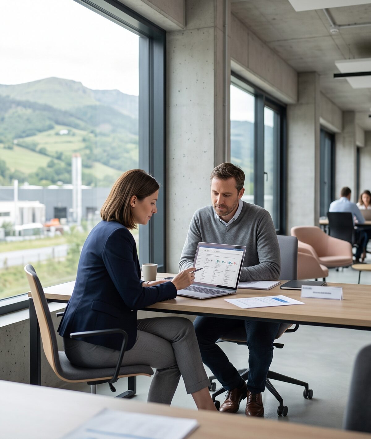 Reunión de diagnóstico de un proyecto de IA en una empresa vasca, con la industria y las montañas de Euskadi al fondo — ayudas SPRI inteligencia artificial 2026