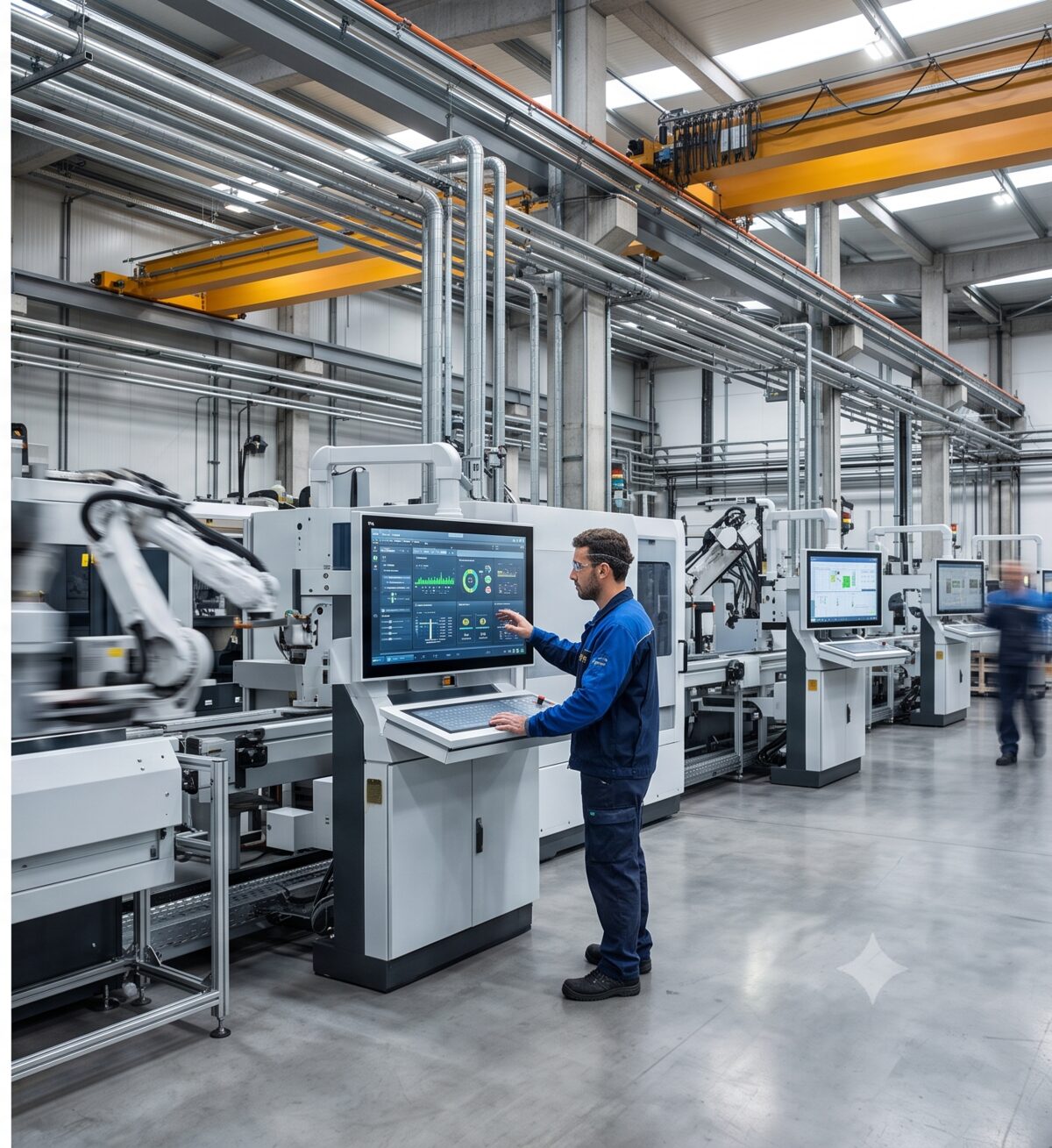 Operario de una empresa industrial vasca supervisando un sistema de inteligencia artificial en un dashboard de planta — subvención IA País Vasco SPRI 2026